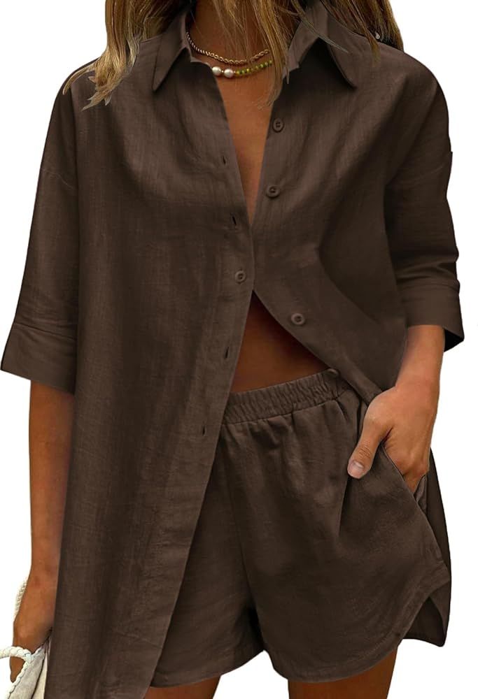 Zeagoo Women Linen Sets 2 Piece Tracksuit Summer Outfits Beach Linen Shirt Elastic Waist Casual S... | Amazon (US)
