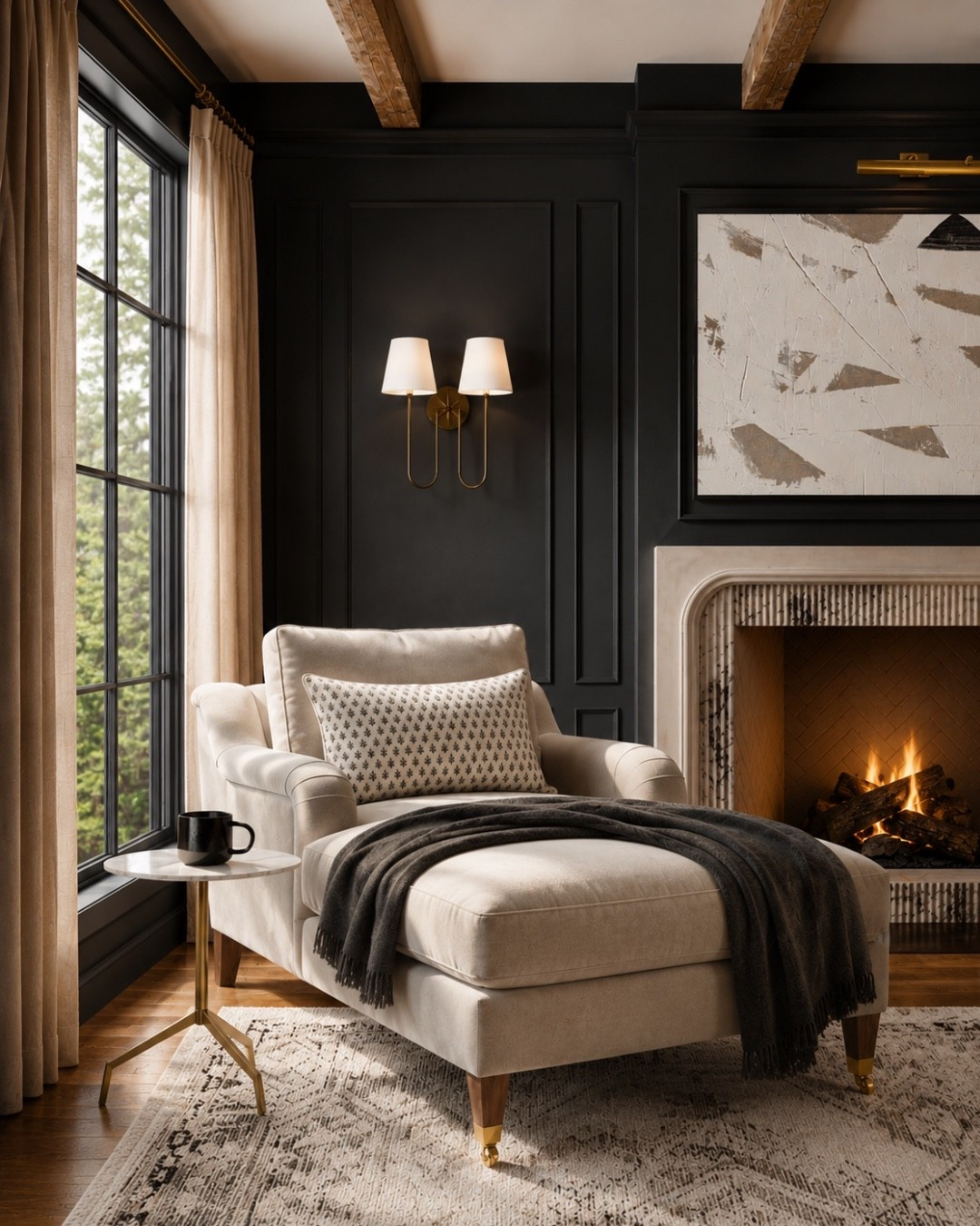 A cozy corner done right 🤍
Moody charcoal walls, warm wood beams, soft linen drapery, and a fireside chaise create the perfect spot to slow down and unwind. Proof that dark paint can feel just as inviting as it is dramatic.
Save this for your next living room refresh. ✨
#ModernTraditional #MoodyInteriors #LivingRoomDesign #CozyHome #InteriorInspo

Living room, living room decor, living room furniture, living room ideas, living room rug, target living room rug, living room finds, home decor, home design, living room sconce, living room decor ideas, living room wall art, modern wall art, side table, accent table, McGee and co living room, McGee and co, target, Etsy

#LTKHome #LTKSeasonal #LTKSaleAlert