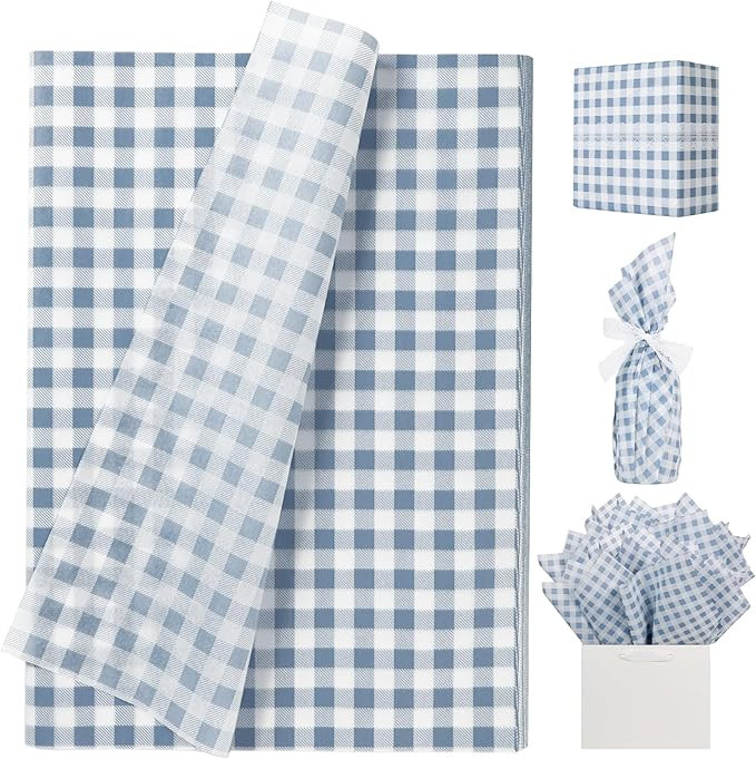 UNIQOOO 120 Sheets Dusty Blue Gingham Tissue Paper, Buffalo Plaid Gift Wrapping Tissue DIY Art Cr... | Amazon (US)