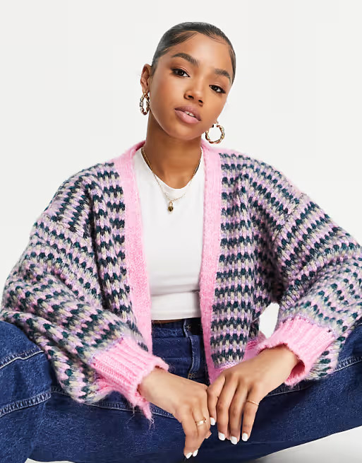 Topshop knitted stitchy colorful cardi in pink | ASOS (Global)