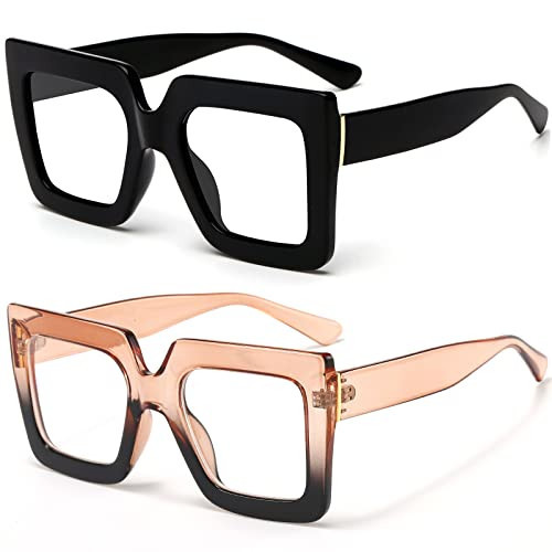 Breaksun Oversized Blue Light Glasses for Women Fashion Thick Square Computer Eyewear Non-Prescription Black Glasses (Black+ Champagne) | Amazon (US)