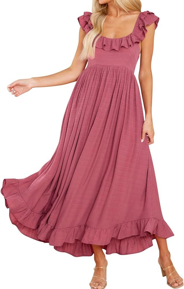 R.Vivimos Summer Dress for Women Sleeveless Boho Ruffle Square Neck Tie Back Casual Backless Flow... | Amazon (US)