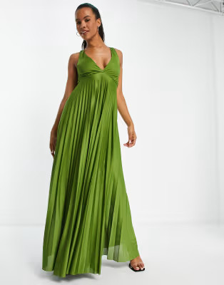 ASOS DESIGN plunge halter cross back self tie pleated maxi dress in olive | ASOS | ASOS (Global)