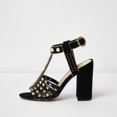 River Island Womens Black stud T-bar block heel sandals | River Island (UK & IE)