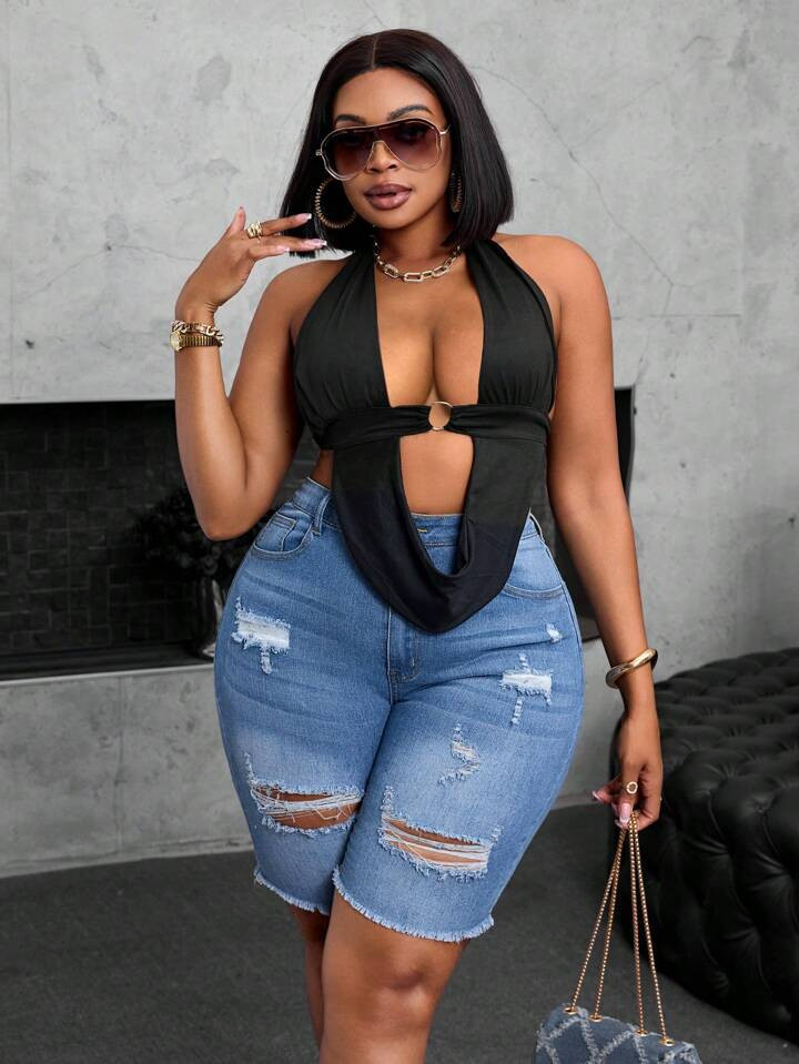 Shein SXY Plus Size Elastic Distressed Denim Shorts  | SHEIN