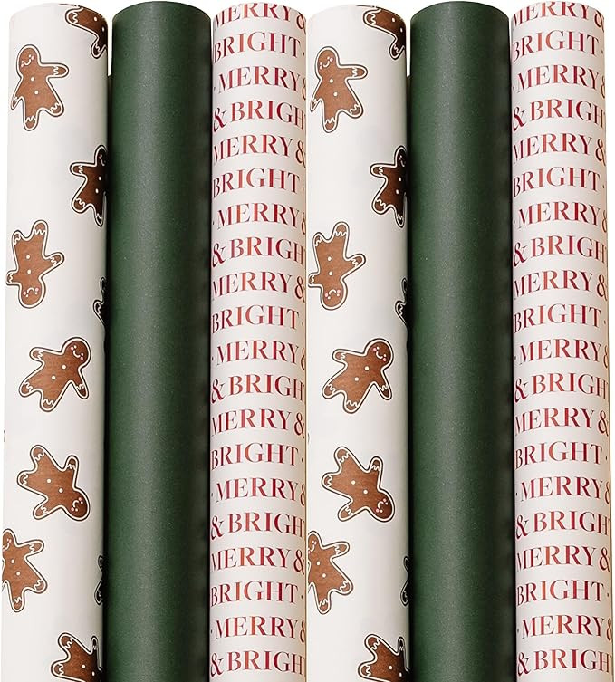 Merry Market 6-pack Premium Matte Christmas Wrapping Paper, Minimal Holiday Gift Wrap, 2 Gingerbr... | Amazon (US)