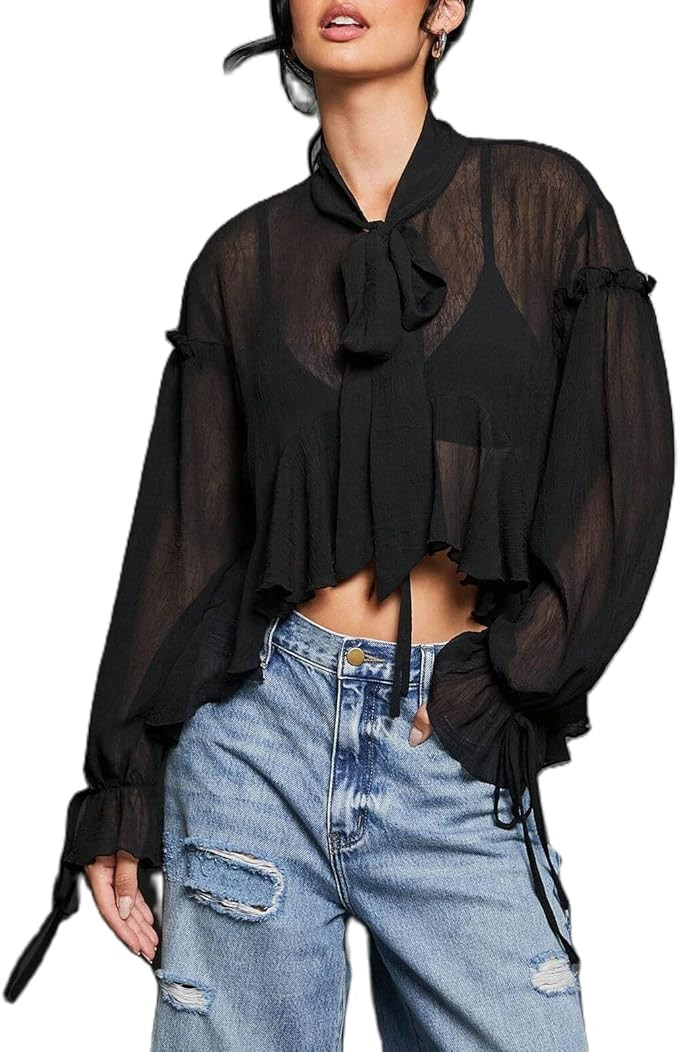 Chiffon Blouses for Women Tie Front Peplum Shirts Bell Long Sleeve Loose Fit Crop Tops Trendy Clo... | Amazon (US)