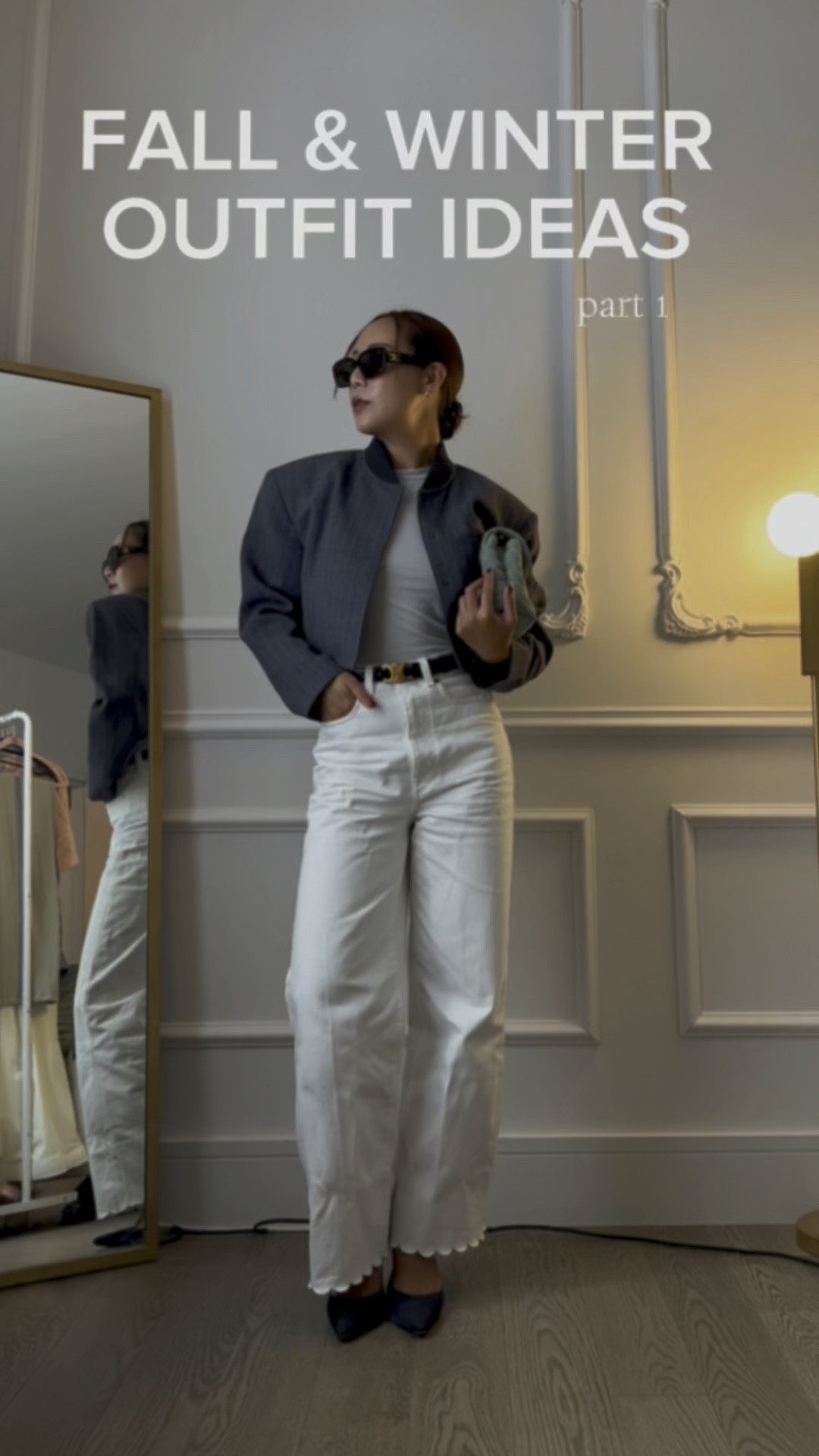 Fall & winter outfit ideas - part 1 | cropped grey bomber jacket, white cream high waisted wide legged denim pants, Celine Triomphe Belt, kitten heels, Celine Triomphe sunglasses, YSL bag 

#LTKVideo #LTKHolidaySale #LTKstyletip