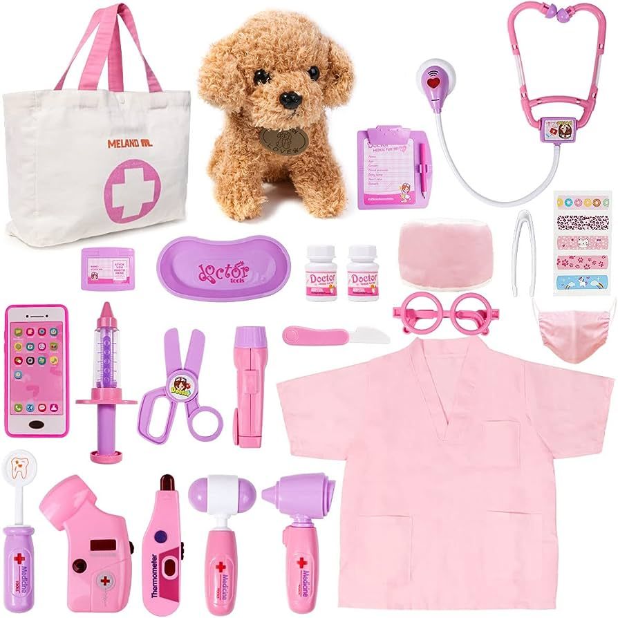 Meland Toy Doctor Kit for Girls - Pretend Play Doctor Set with Dog Toy, Carrying Bag, Stethoscope... | Amazon (US)