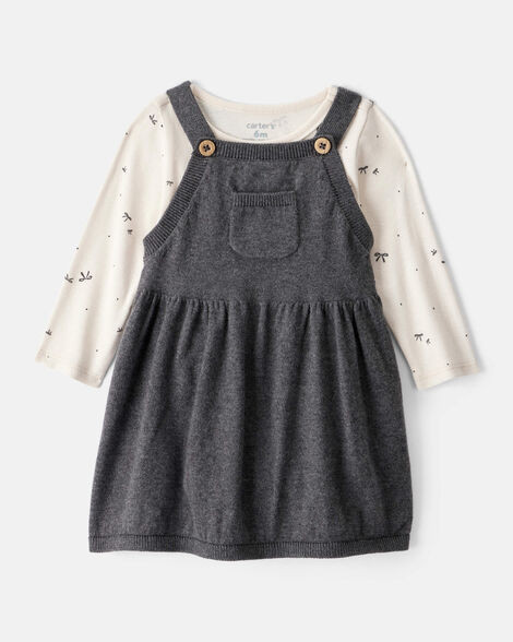 Baby Girl Bow Print Cotton Long-Sleeve Dress Set - Grey | Carter's Inc