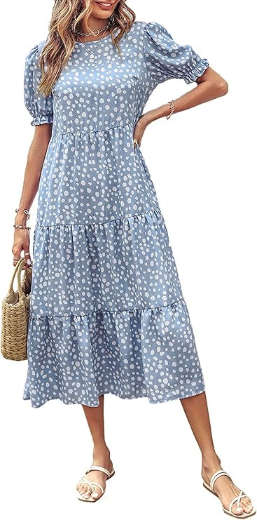 PRETTYGARDEN Summer Dresses for Women 2026 Casual Floral Boho Midi Sun Dress Puff Short Sleeve Fl... | Amazon (US)