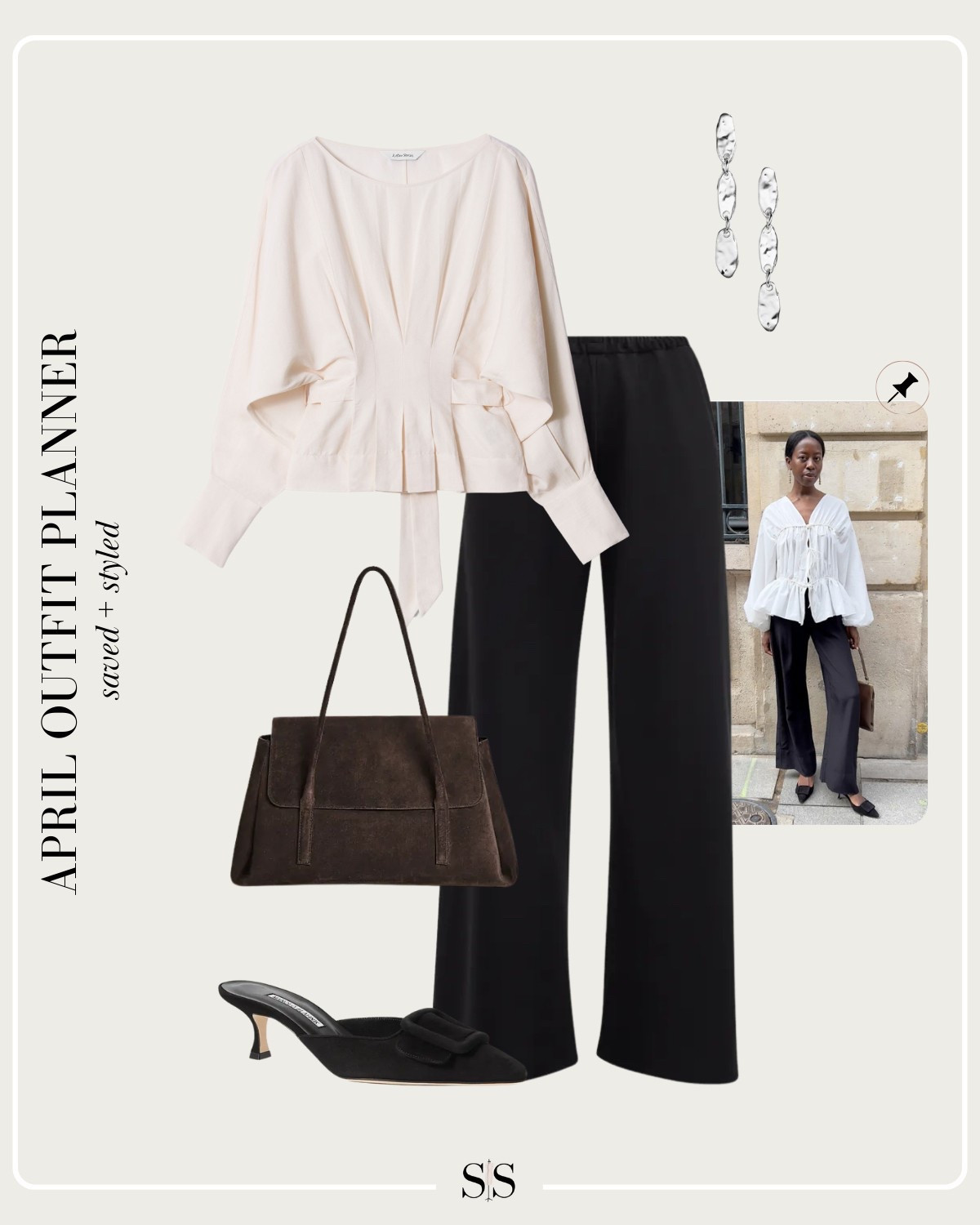 Monthly outfit planner APRIL: Spring transitional looks, saved + styled outfit inspo | cinched waist blouse, black trouser, heeled mules, workwear 

#springoutfit #weartowork

Image credit: Pinterest

#LTKWorkwear #LTKStyleTip