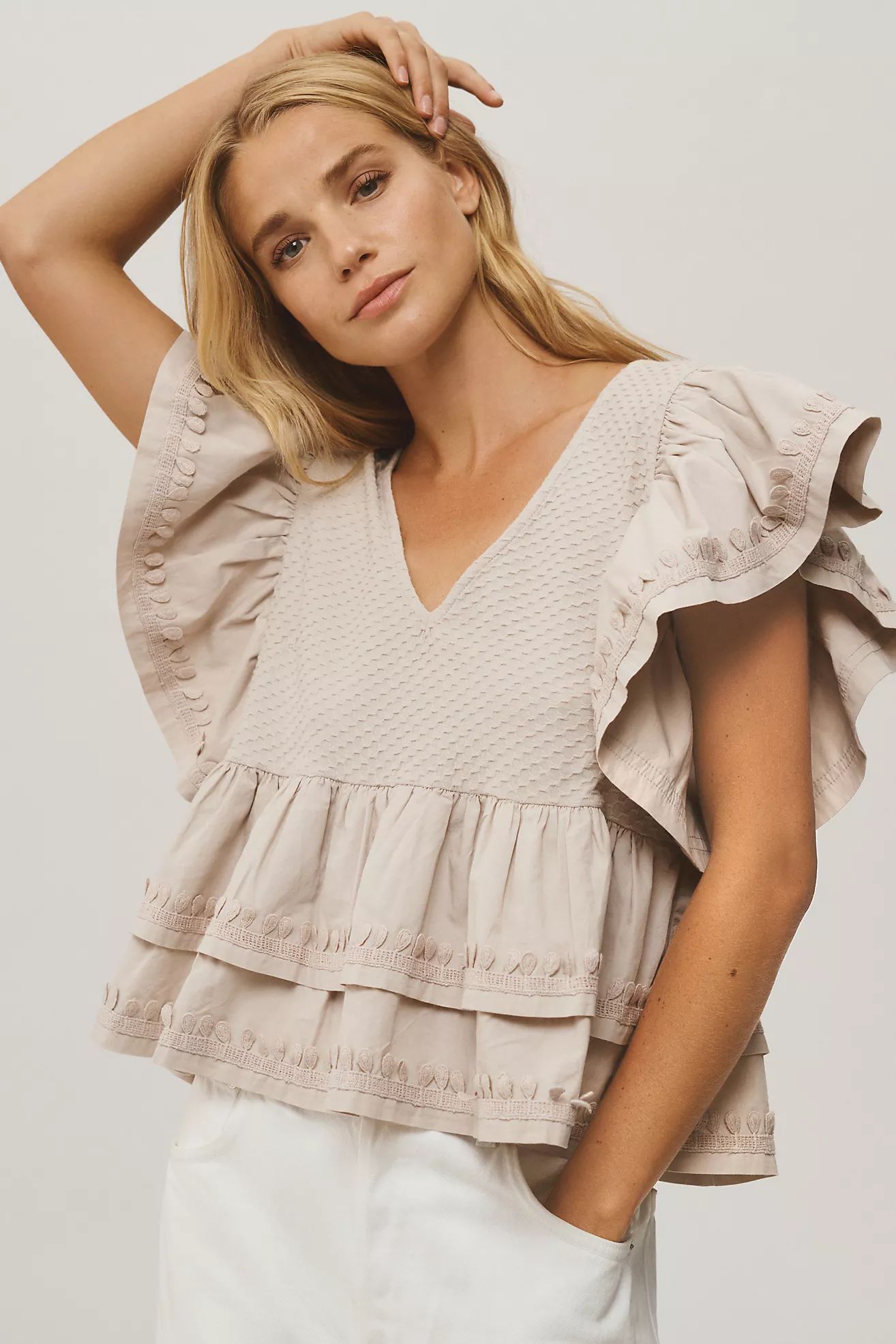 By Anthropologie Ruffle-Sleeve Tiered V-Neck Top | Anthropologie (US)