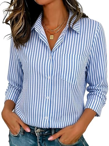 Blue Striped Button Down Shirt Women Fitted Women's No Iron Shirts All Day Wrinkle Free Striped Long Sleeve Shirt Women Collar Vertical Stripe Casual Top White and Blue S05 M | Amazon (US)