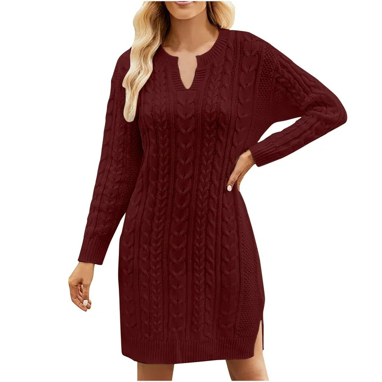 ShomPort Sweater Dress for Women Cable Knit Ribbed A-Line Long Sleeve Pullover Sweaters Dresses F... | Walmart (US)