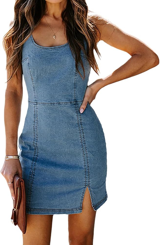 Womens Denim Dress Sexy Sleeveless Split Bodycon Mini Tube Jeans Short Dresses | Amazon (US)