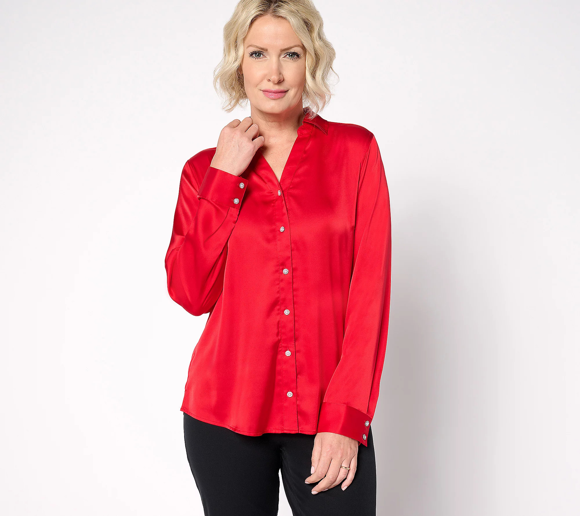 Denim & Co. Satin Long Sleeve Button Front Top | QVC