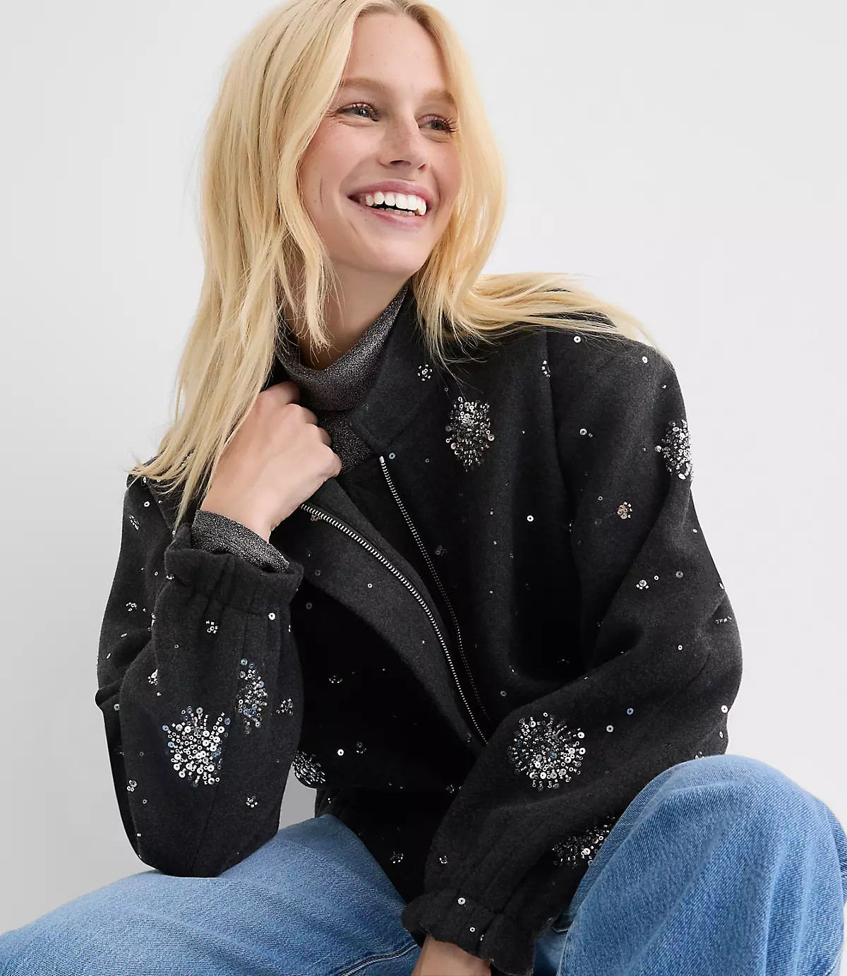 Petite Sequin Embellished Bomber Jacket | LOFT