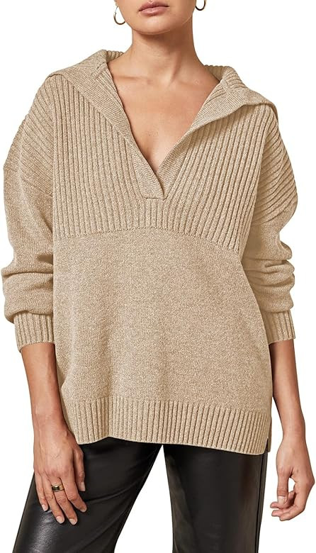 Pink Queen Women's 2023 Fall Casual Oversized Sweater Lapel Collar V Neck Long Sleeve Ribbed Knit... | Amazon (US)