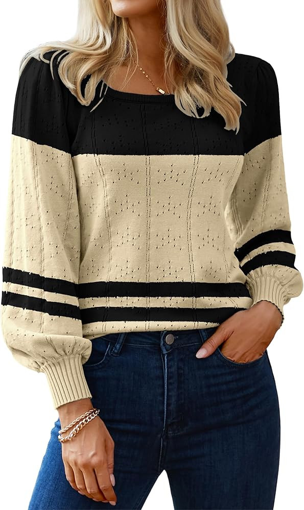 HOTOUCH Womens Sweaters Fall 2024 Trendy Puff Sleeve Tops Casual Knit Square Neck Cute Tunic Pull... | Amazon (US)