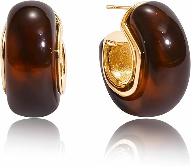 Fullpop Vintage Earrings for Women, Chunky 14K Gold Plated Resin Hoop Earrings Lightweight Hollow... | Amazon (US)