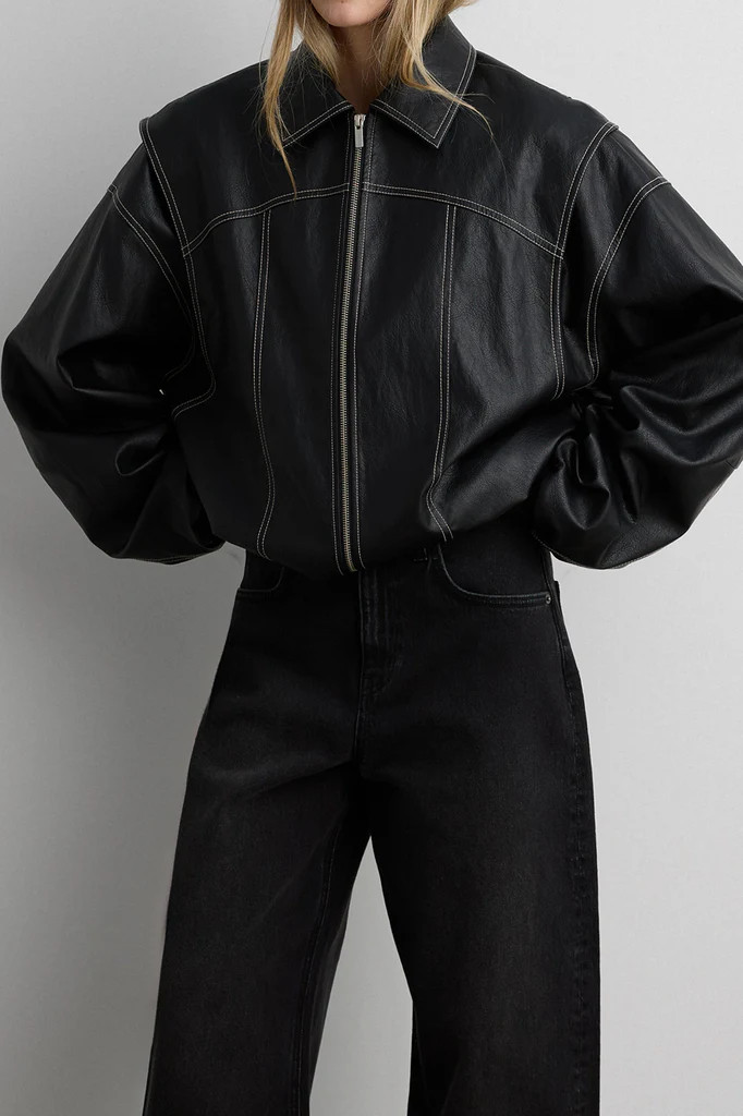 LAYERED DETAIL CONTRAST STITCH VEGAN LEATHER BOMBER | OAK + FORT