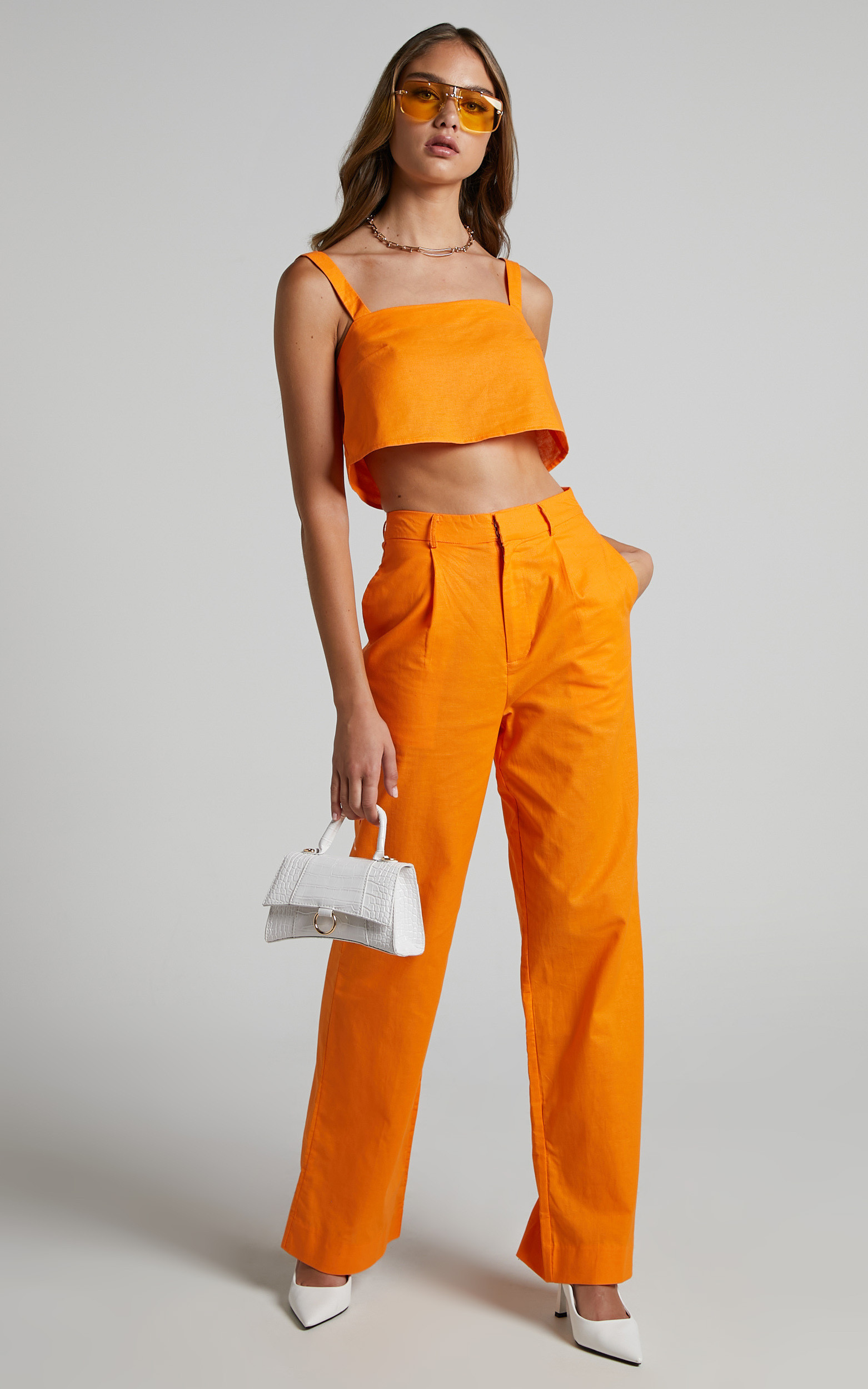 Claudina Two Piece Set - Cropped Cami Top and Relaxed Pant in Bright Orange | Showpo (US, UK & Europe)
