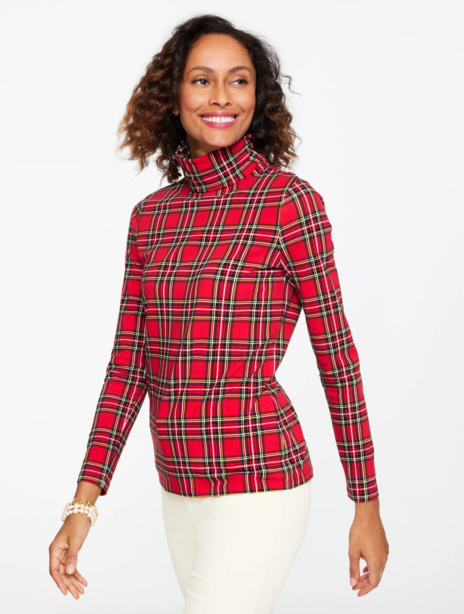 Petite - Classic Turtleneck Top - Holiday Plaid - Red - Small Talbots | Talbots
