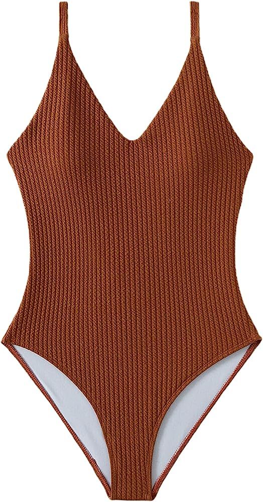 Floerns Women's One Piece Swimsuit V Neck Criss Cross Back Monokini Swimwear | Amazon (US)