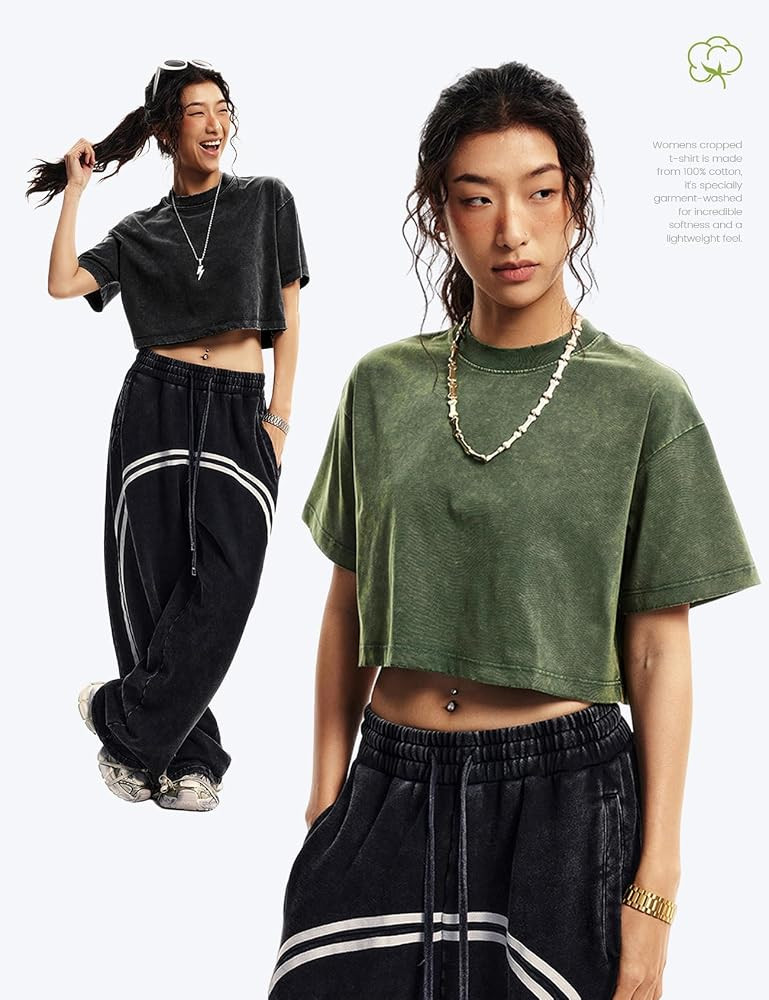 Yimoon Cropped T Shirts for Women Vintage Acid Wash Tees Short Sleeve Cotton Crop Top(BlackGreyAp... | Amazon (US)