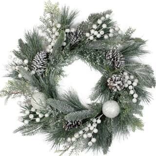 24" Frosted Artificial Mixed Pine and Pine Cone Wreath with Berries, Unlit | Michaels Stores