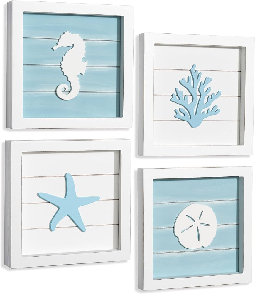TideAndTales Ocean Beach Themed Room Decor (Framed Set of 4) Coastal 3D Wall Art with Starfish, S... | Amazon (US)