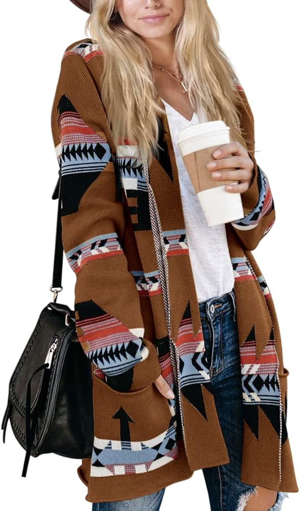 Women Boho Cardigan Aztec Open Front Long Sleeve Shawl Collar Sweater Coat | Amazon (US)