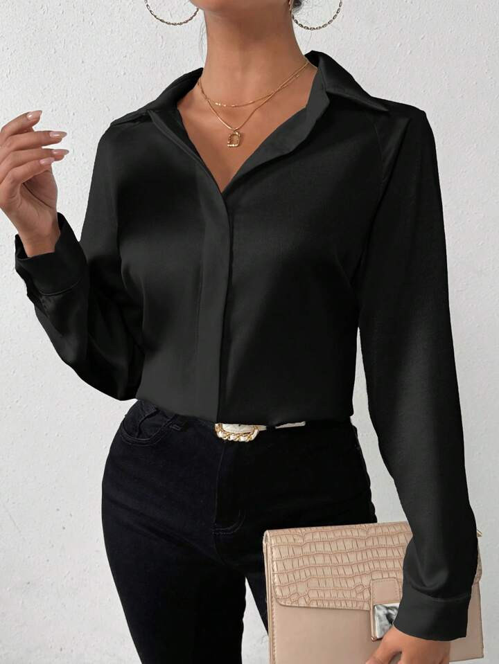 Rafferiza Women's Solid Color Satin Simple Shirt With Asymmetric Hem | SHEIN