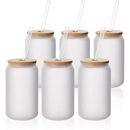 PYD Life Sublimation Glass Cans Blanks Frosted 18 OZ with Bamboo Lid and Clear Glass Straw Beer Cans | Amazon (US)