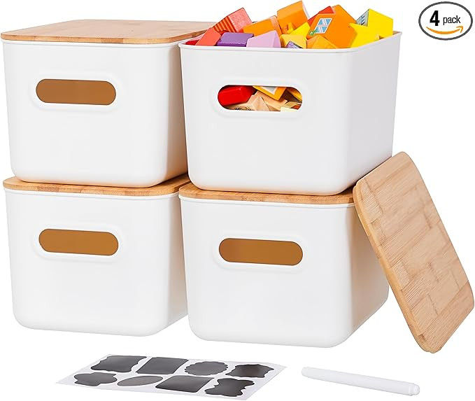 Citylife 4 Packs Plastic Storage Bins with Bamboo lids Stackable Storage Containers for Organizin... | Amazon (US)