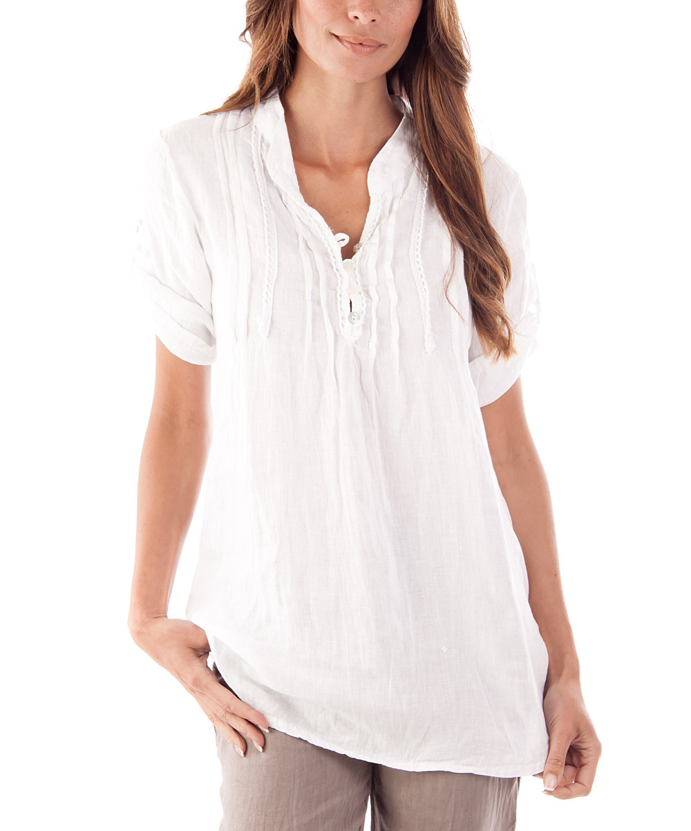Maison Du Lin Women's Blouses BLANC - White Pleated Roma Linen Button-Front Top - Women | Zulily