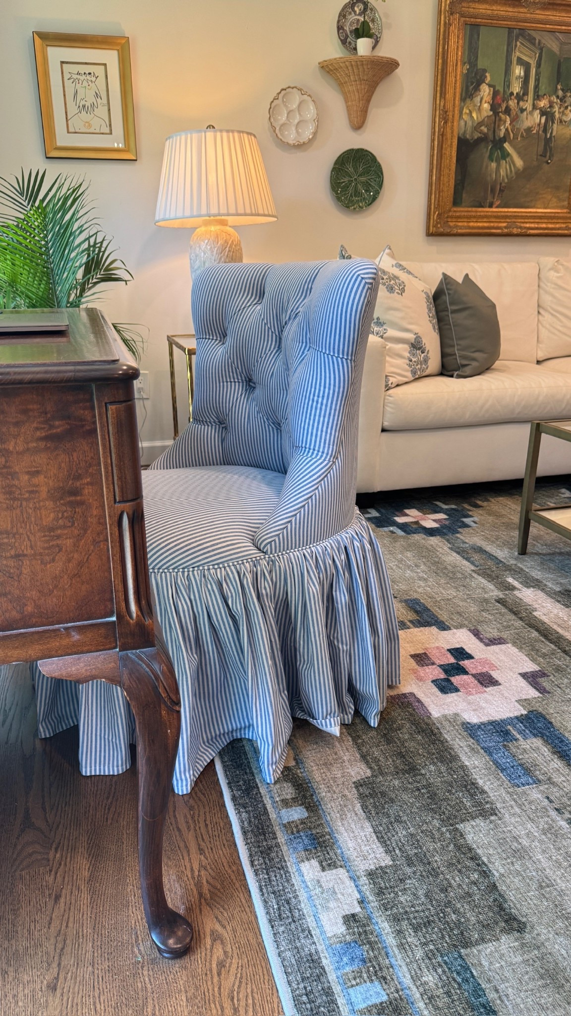 Love this upholstered chair as my desk chair! Striped chair, Grandmillennial chair, classic home, green and blue area rug, classic living room, blue and white home

#LTKHome