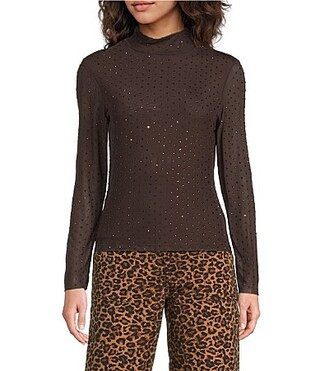 Skies Are Blue Hot Fix Mesh Rhinestone Turtleneck Long Sleeve Top - M | Dillard's