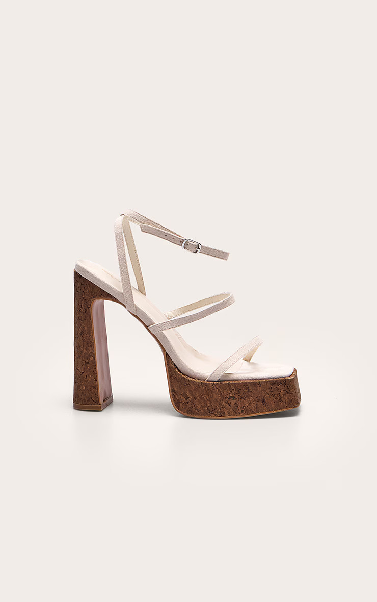 Cream Faux Suede Square Toe Platform Cork Heeled Sandals | PrettyLittleThing UK