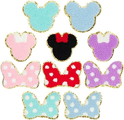 10Pcs Colorful Chenille Iron on Patches Cute Mouse Bows Kids Iron on Knee Patches Gold Trimmed Em... | Amazon (US)