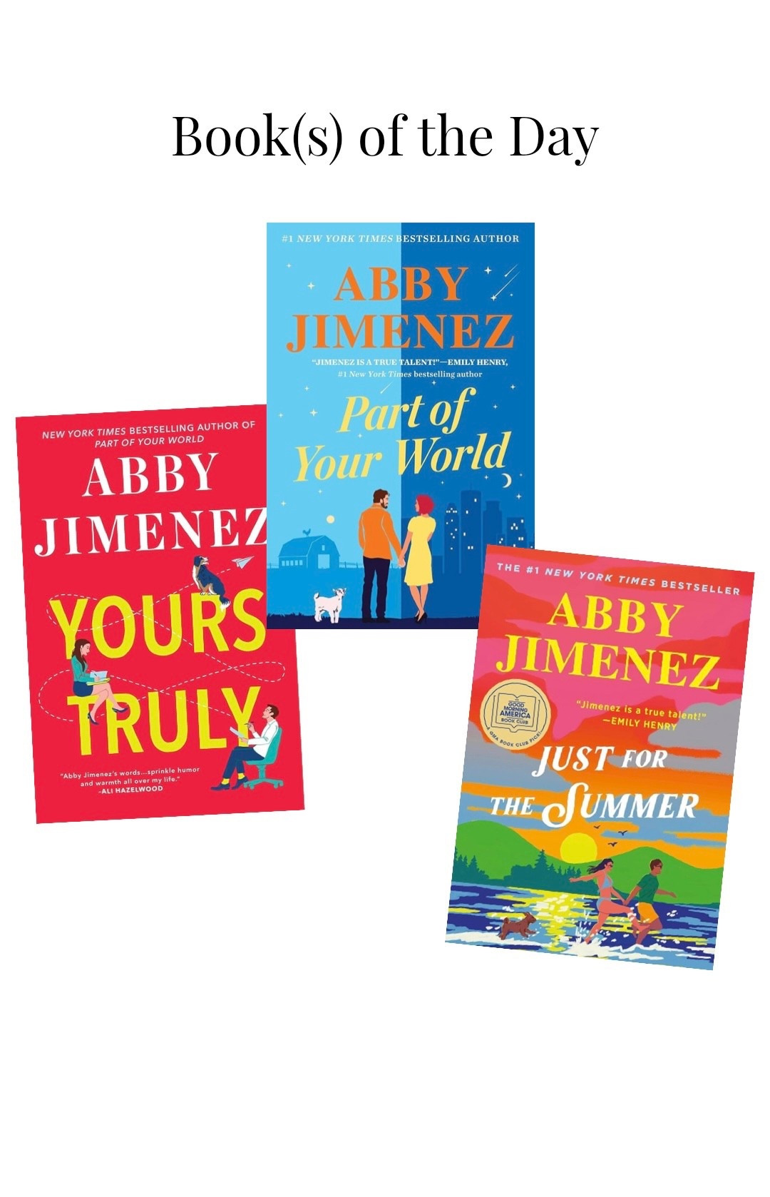The Part of Your World Series by Abby Jimenez consists of a trilogy of romance that gives you the feels & also reminds you of what a good, romantic story looks like for ALL people. I love how Abby crafts stories that are inclusive of all people. 
📖 Part of Your World (Book 1)
📖 Yours Truly (Book 2 & an all-time favorite read of mine)
📖 Just for the Summer (Book 3)
#LTKBooks #LTKReads #Booktok #Bookstoread #Bookoftheday #Romancebooks #Romancereads #LTKOver40 


#LTKselfcare #LTKstorytime #LTKdayinmylife