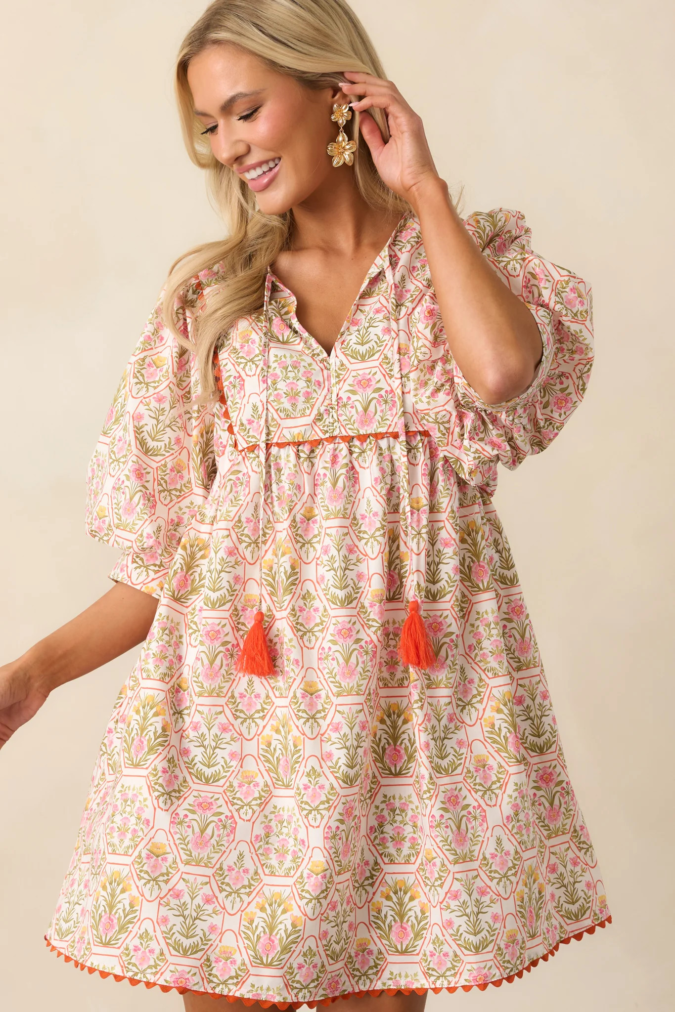 A Little Something Orange Geometric Floral Cotton Mini Dress | Red Dress