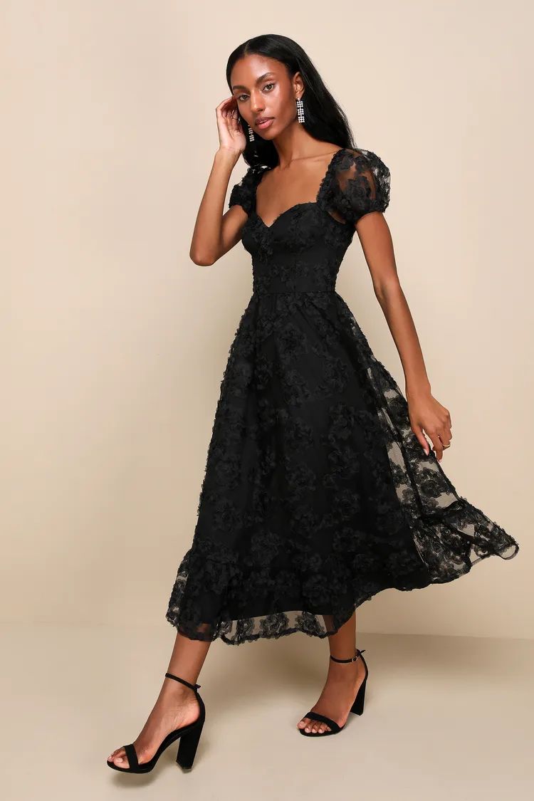 Notable Elegance Black Mesh Floral Applique Bustier Midi Dress | Lulus