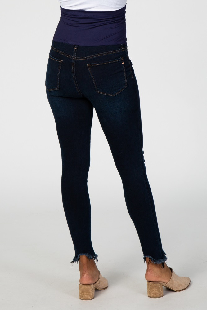 Navy Blue Frayed Hem Maternity Skinny Jeans | PinkBlush Maternity