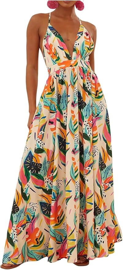 RoseSeek Women's Colorful Botanical Print Halter Dress Deep V Neck Cross Back Maxi Dress Vacation... | Amazon (US)