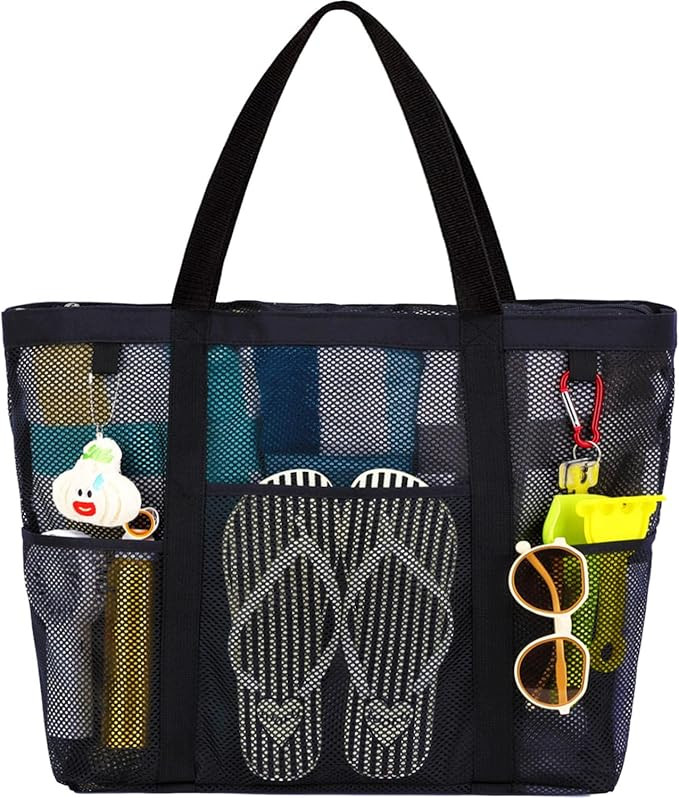 Fammart Mesh Beach Bag, Large Beach Tote Bags with Zipper, Toys Pool Bag for Family Travel Vacati... | Amazon (US)