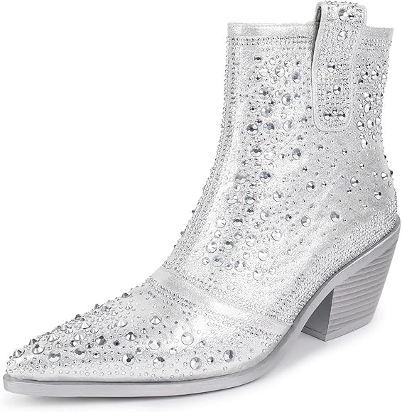 ISNOM Women's Rhinestone Boots Pointed Toe Block Heel Sparkly Ankle Boots Western Cowboy Cowgirl ... | Amazon (US)