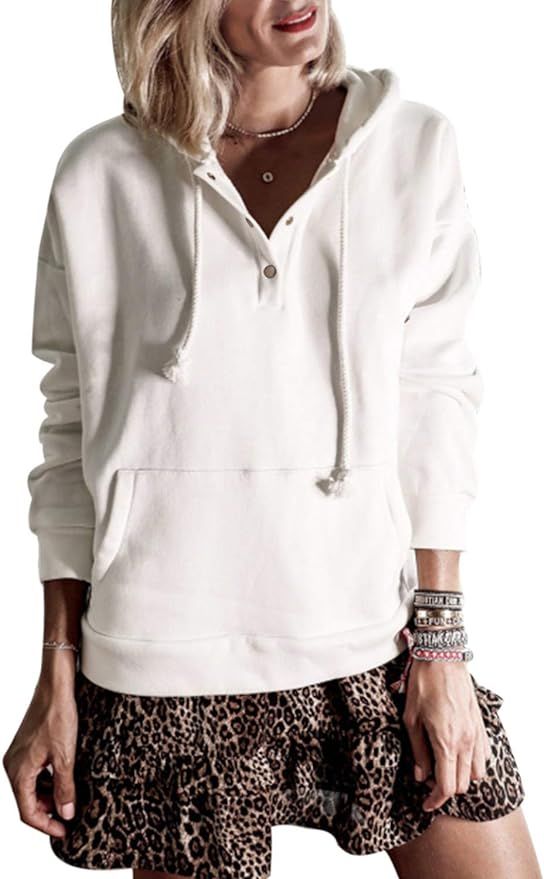 MEROKEETY Women's Pullover Hoodies Long Sleeve 1/4 Snap Solid Sweatshirt Tops with Pocket | Amazon (US)