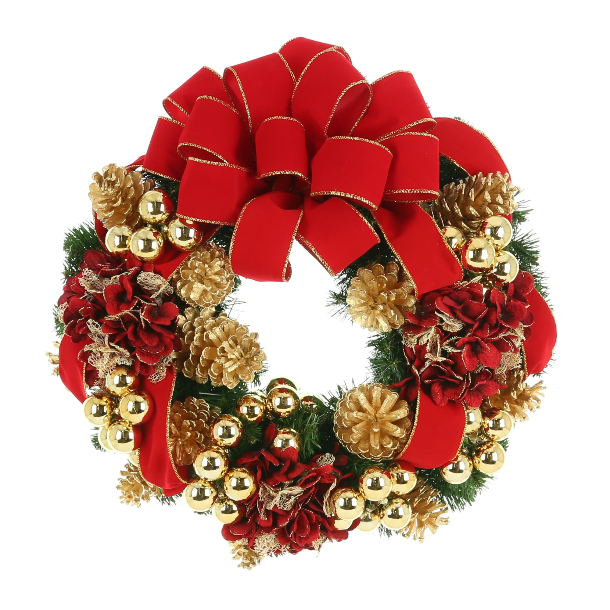 The Holiday Aisle® Johnavan Hydrangea, Ornaments and Pinecone Holiday Red Ribbon Wreath | Wayfai... | Wayfair North America